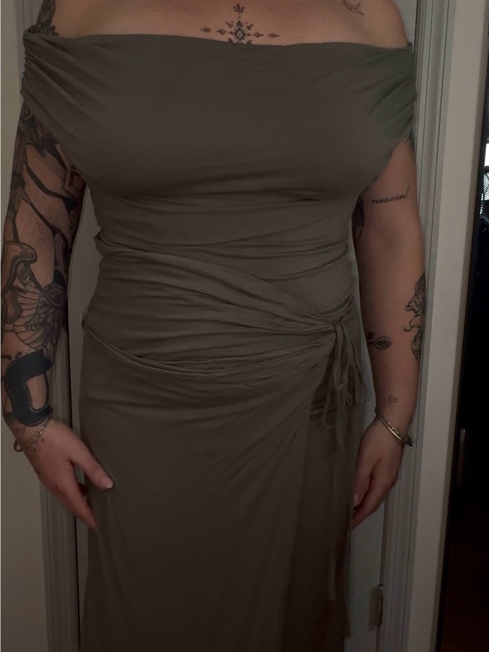 ASOS Olive Green Off-Shoulder Ruched Wrap Maxi Dress